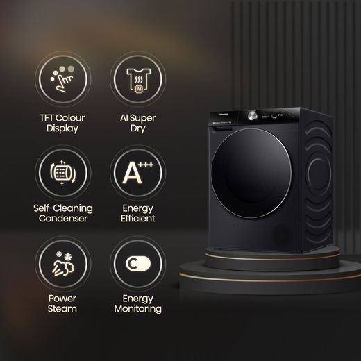 Hisense 7S Series DH7S107BB Wifi Connected 10Kg Heat Pump Tumble Dryer - Black - Annotation - Feature shot