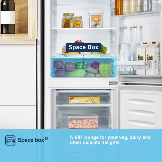 Fridgemaster MC50165E 143cm 60/40 Small Fridge Freezer - White - Annotation - Space box shot