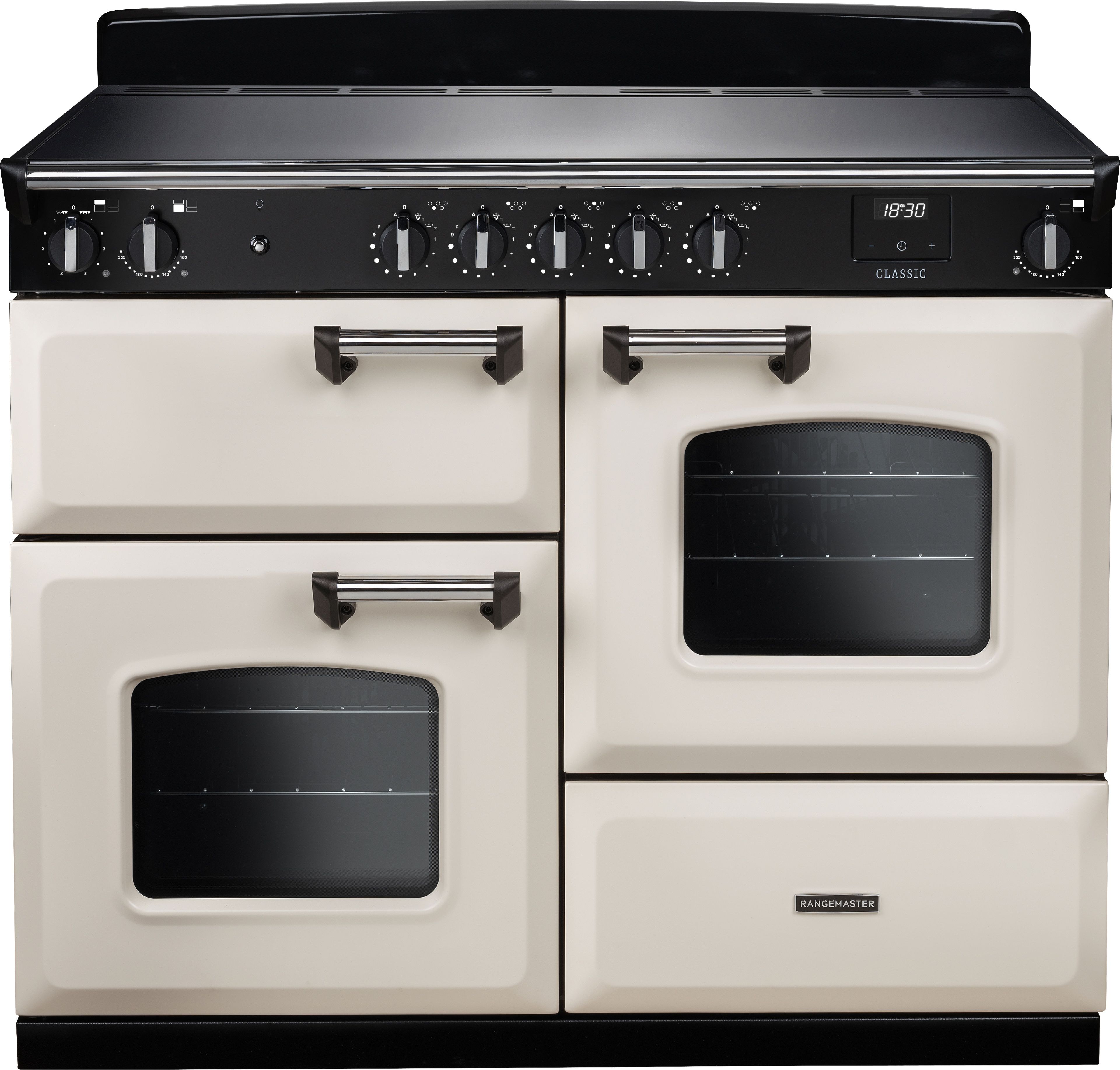 Image of Rangemaster Classic OC CLO110EIPPCR/CM1 110cm wide Electric Range Cooker with Zone induction hob Hob - Cream / Antique Brass - A Rated, Cream