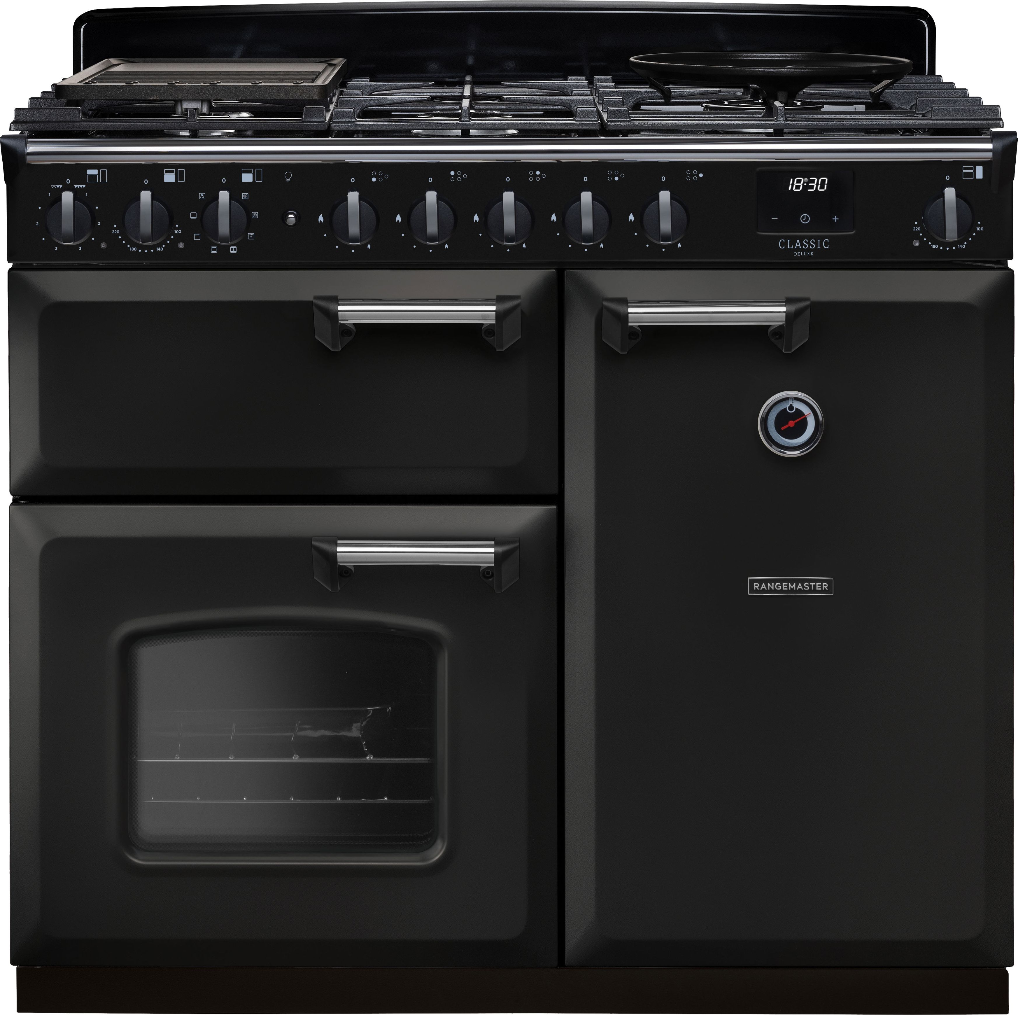 Image of Rangemaster Classic Deluxe 100 Dual Fuel CLDL100DFPCBL/CM1 100cm wide Dual Fuel Range Cooker with Gas Hob - Charcoal Black / Chrome - A/A Rated, Black