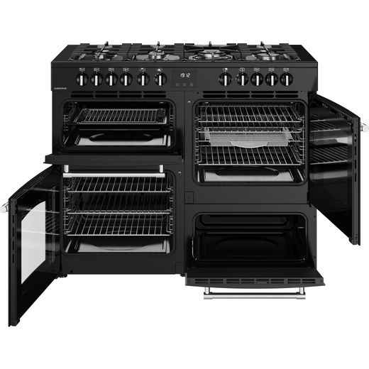 Belling FARMHOUSE 110DF Dual Fuel Range Cooker - Black / Antique Brass - Doors open