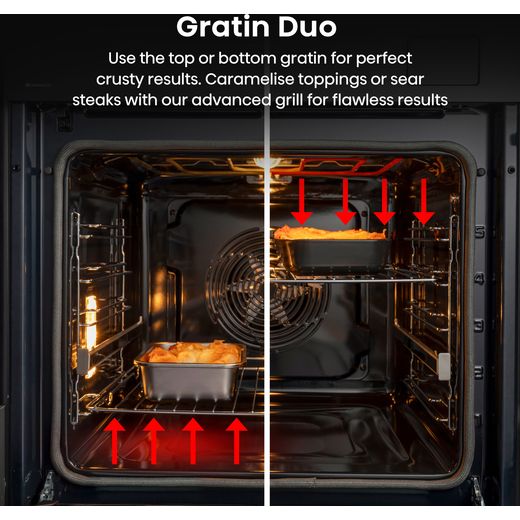 Hisense Hi8 BlackLine BAS6PH8BUKWF Wifi Connected Built In Electric Single Oven with Pyrolytic Cleaning - Black - Annotation - Gratin duo shot