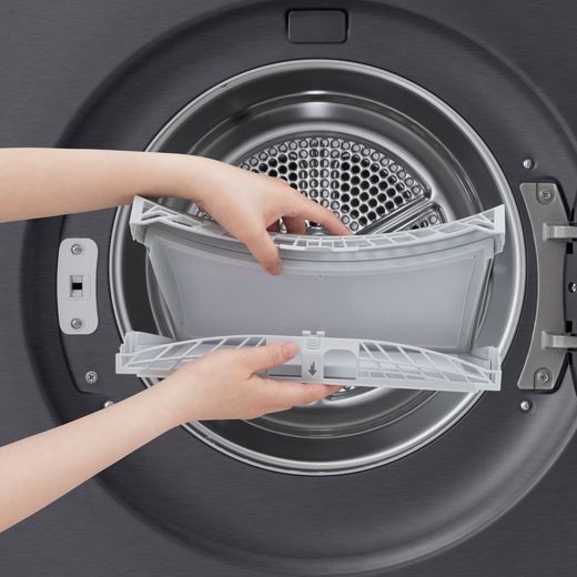 LG Series 7 AI Dry™ RHX7010TBB Wifi Connected 10Kg Heat Pump Tumble Dryer - Black  - person changing lint tray