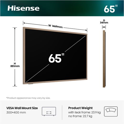 Hisense Canvas TV 65" 4K Ultra HD QLED Smart Freely TV [2026] - Dimensions