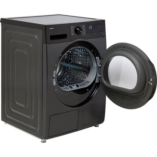 Samsung Series 5 OptimalDry™ DV80CGC0B0AB Wifi Connected 8Kg Heat Pump Tumble Dryer - Black - Right perspective with door open shot