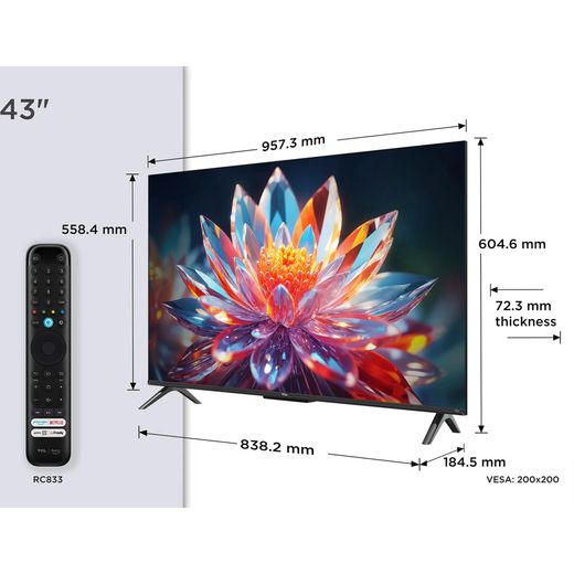 TCL T6C 43" 4K Ultra HD QLED Smart Fire TV - Annotation - Dimension shot 