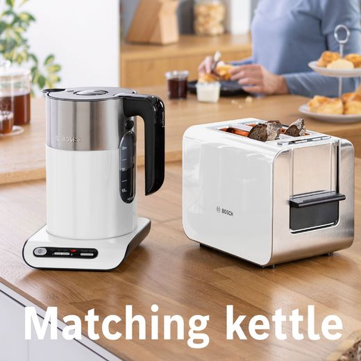 Bosch Styline TAT8611NGB 2 Slice Toaster - White - Annotation - matching kettle shot
