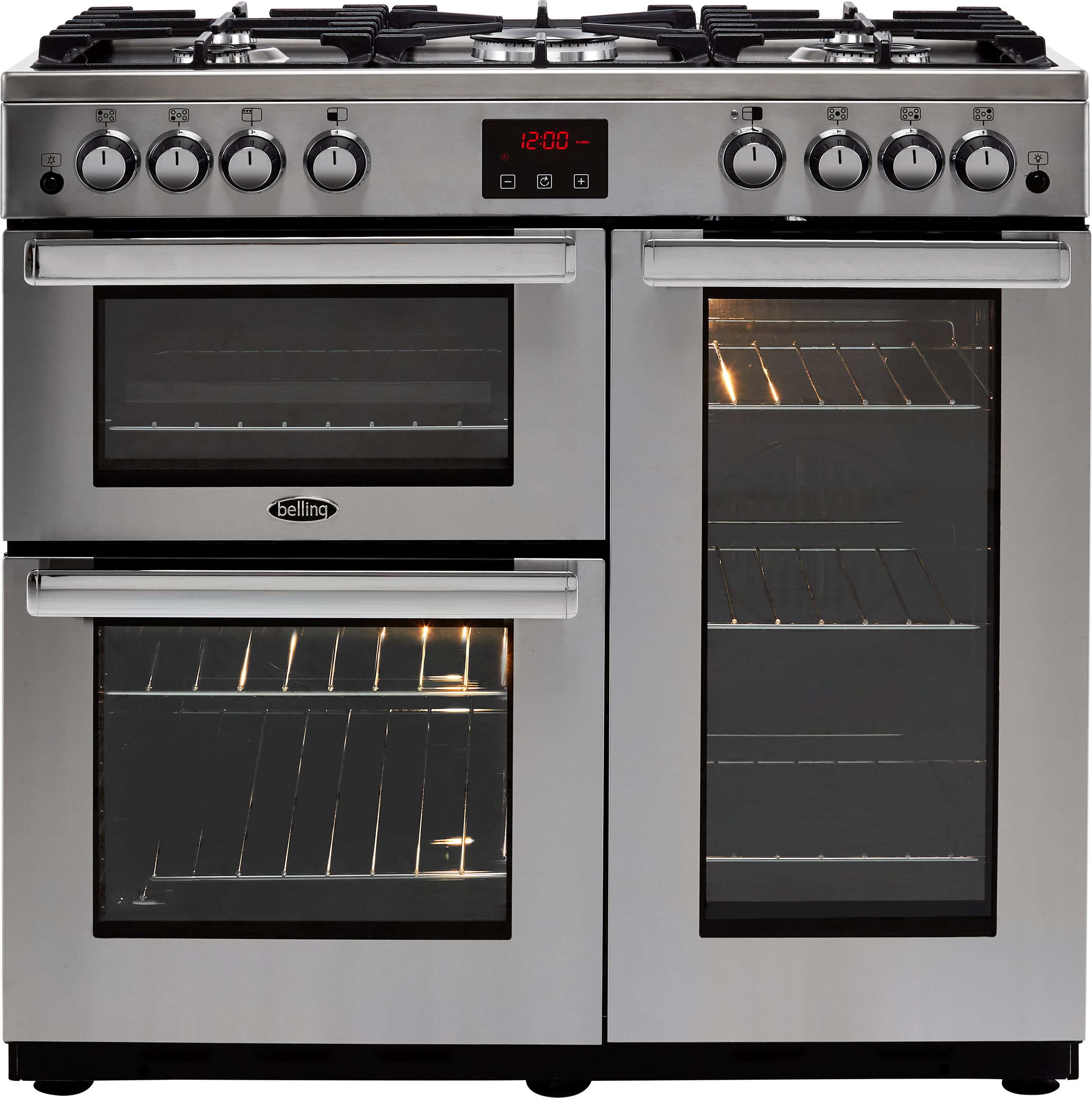 Belling CookcentreX90GProf 90cm Gas Range Cooker with Electric Fan Oven - Stainless Steel - A/A Rated, Stainless Steel