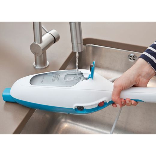 Black + Decker FSM13E1-GB Steam Mop with up to 15 Minutes Run Time - White - Women filling up steam mop