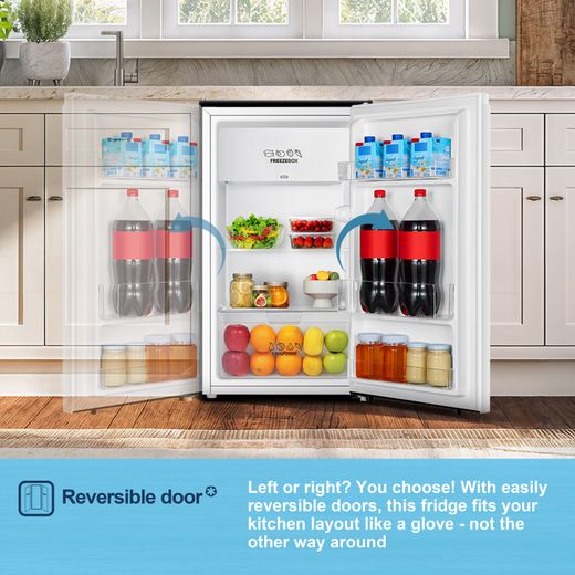 Fridgemaster MUR4894E Compact 84cm Fridge with Ice Box - White - Annotation - Reversible door