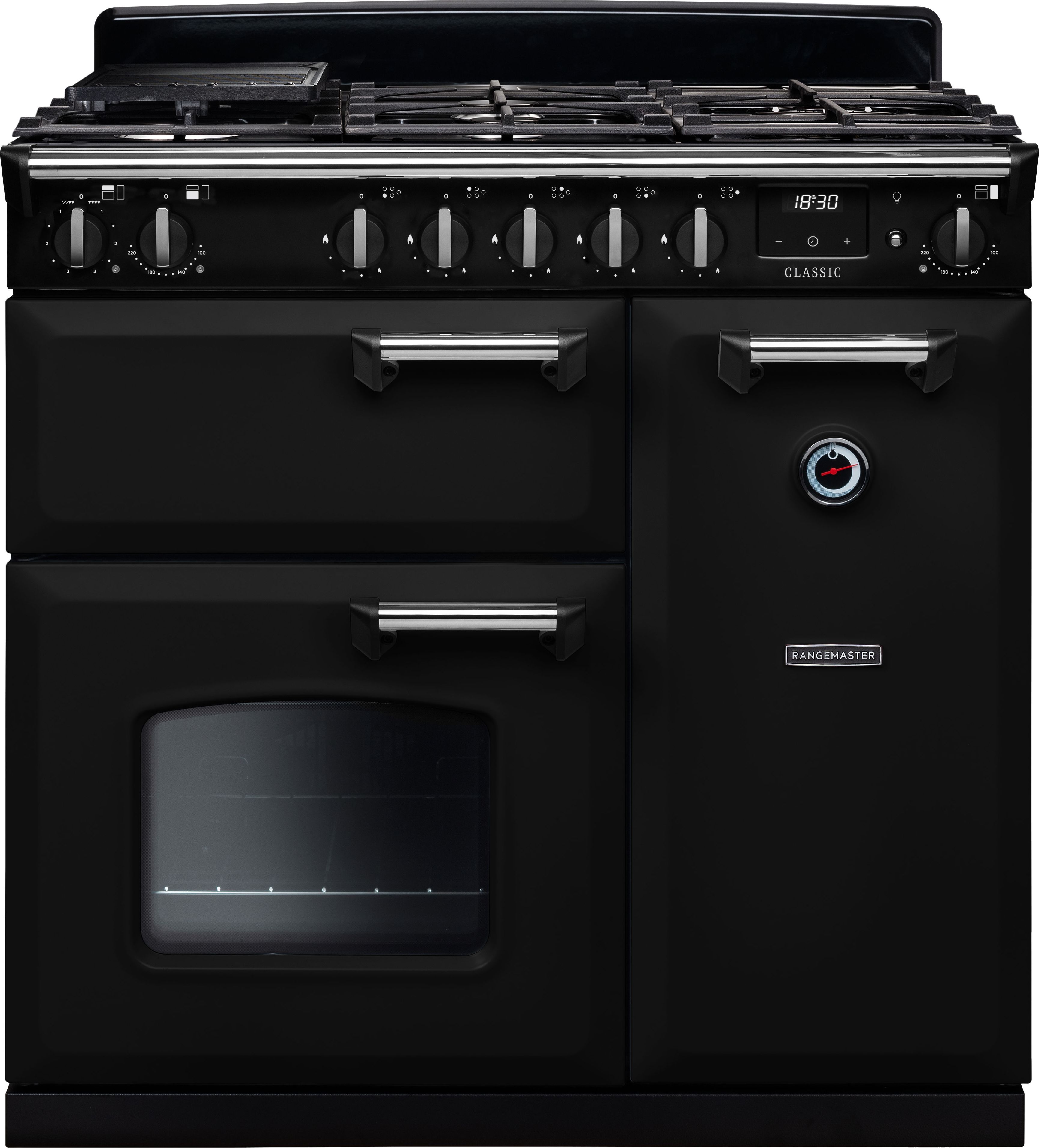 Image of Rangemaster Classic CL90DFPGBL/CM1 90cm wide Dual Fuel Range Cooker with Gas Hob - Black / Chrome - A/A Rated, Black