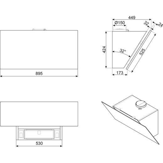 Smeg Universal KV394MB 90 cm Angled Chimney Cooker Hood - Matte Black - Annotation - Dimension shot