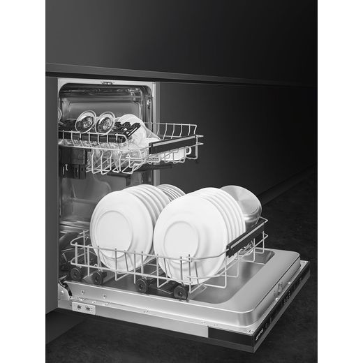 Smeg Universal Integrated Standard Dishwasher - Black - Door open in kitchen shot