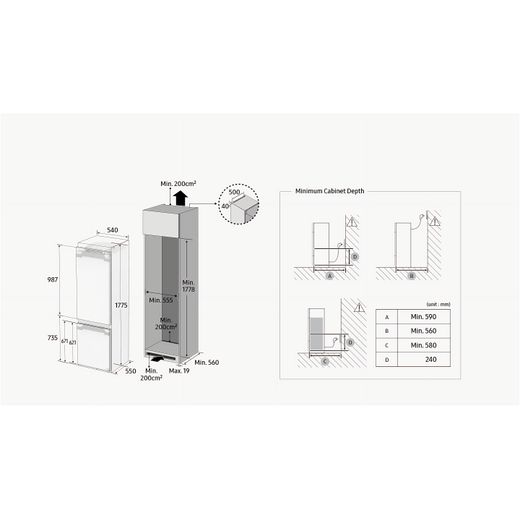 Samsung BRR29600EWW Integrated Upright Fridge - Sliding Door Fixing Kit - White - Dimensions