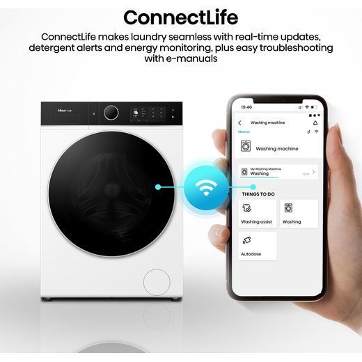 Hisense KitchenFit 5i Series WD5I1245BWRH Wifi Connected / 8Kg Washer Dryer with 1400 rpm - White - Annotation - connectlife shot