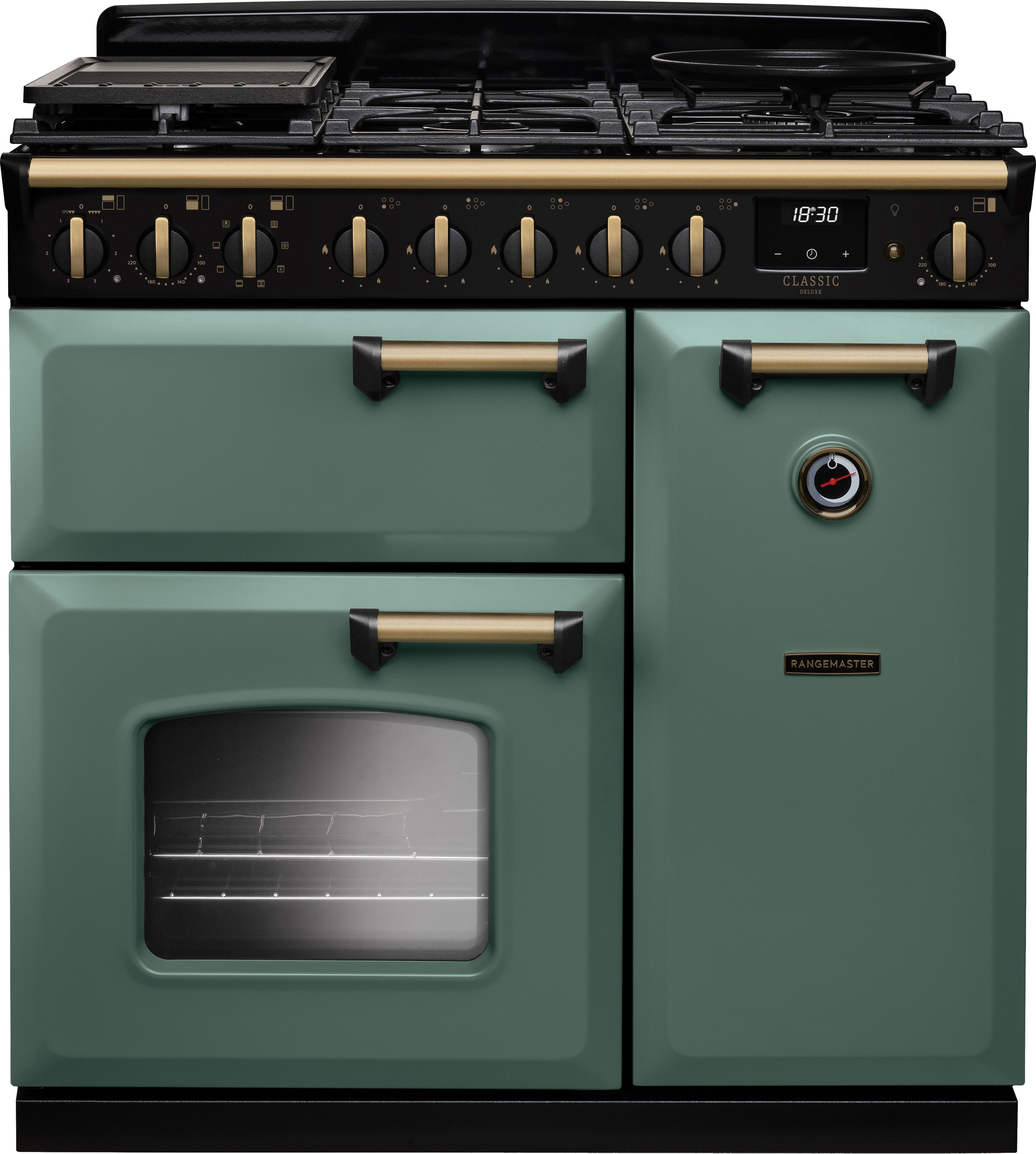 Image of Rangemaster Classic Deluxe 90 CLDL90DFPMGR/AB1 90cm wide Dual Fuel Range Cooker with Gas Hob - Mineral Green / Antique Brass - A Rated, Green