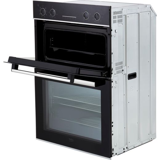 Beko RecycledNet™ Built In Electric Double Oven - Black / Glass - Right perspective with top door open