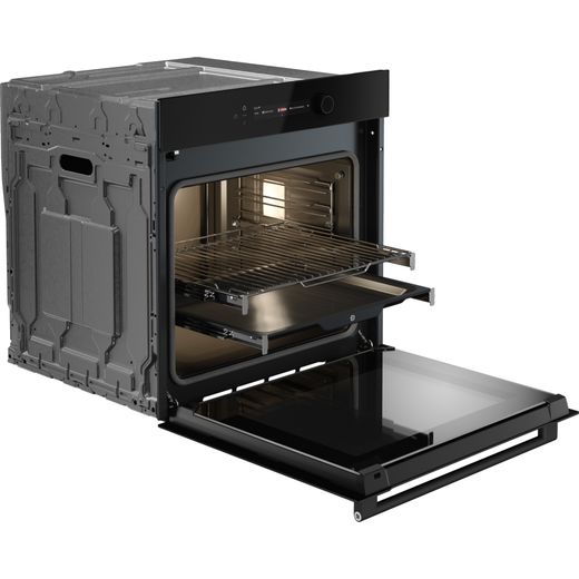ASKO Craft Pyrolytic OTP56BGH Wifi Connected Built In Electric Single Oven - Black - Right perpsective with door open shot