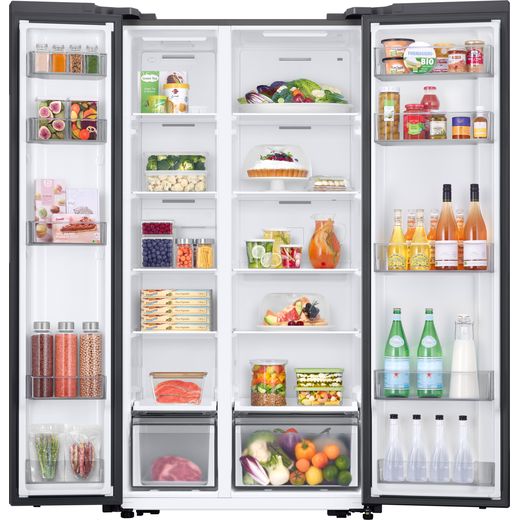 Samsung American Fridge Freezer - Black - Front with door open and stocked shot