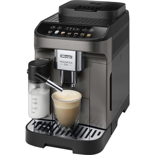 De'Longhi Magnifica Evo ECAM290.83.TB Bean to Cup Coffee Machine - Black Titanium - Left perspective with latte being made