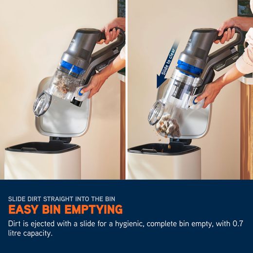 Vax HomePro Pet Cordless Vacuum Cleaner with up to 45 Minutes Run Time - Graphite / Blue - Annotation - Easy bin cleaning shot
