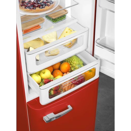 Smeg 50's Style FAB32RRD6UK 197cm Frost Free Fridge Freezer - Red - Close up drawer full shot