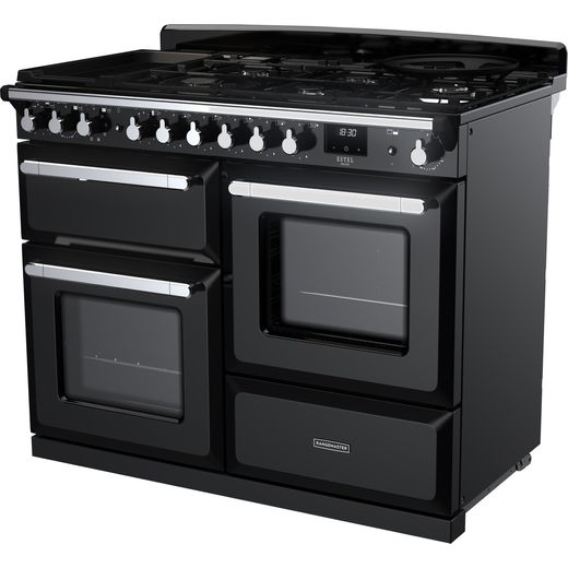 Rangemaster Dual Fuel Range Cooker - Black / Chrome - Left perspective shot 
