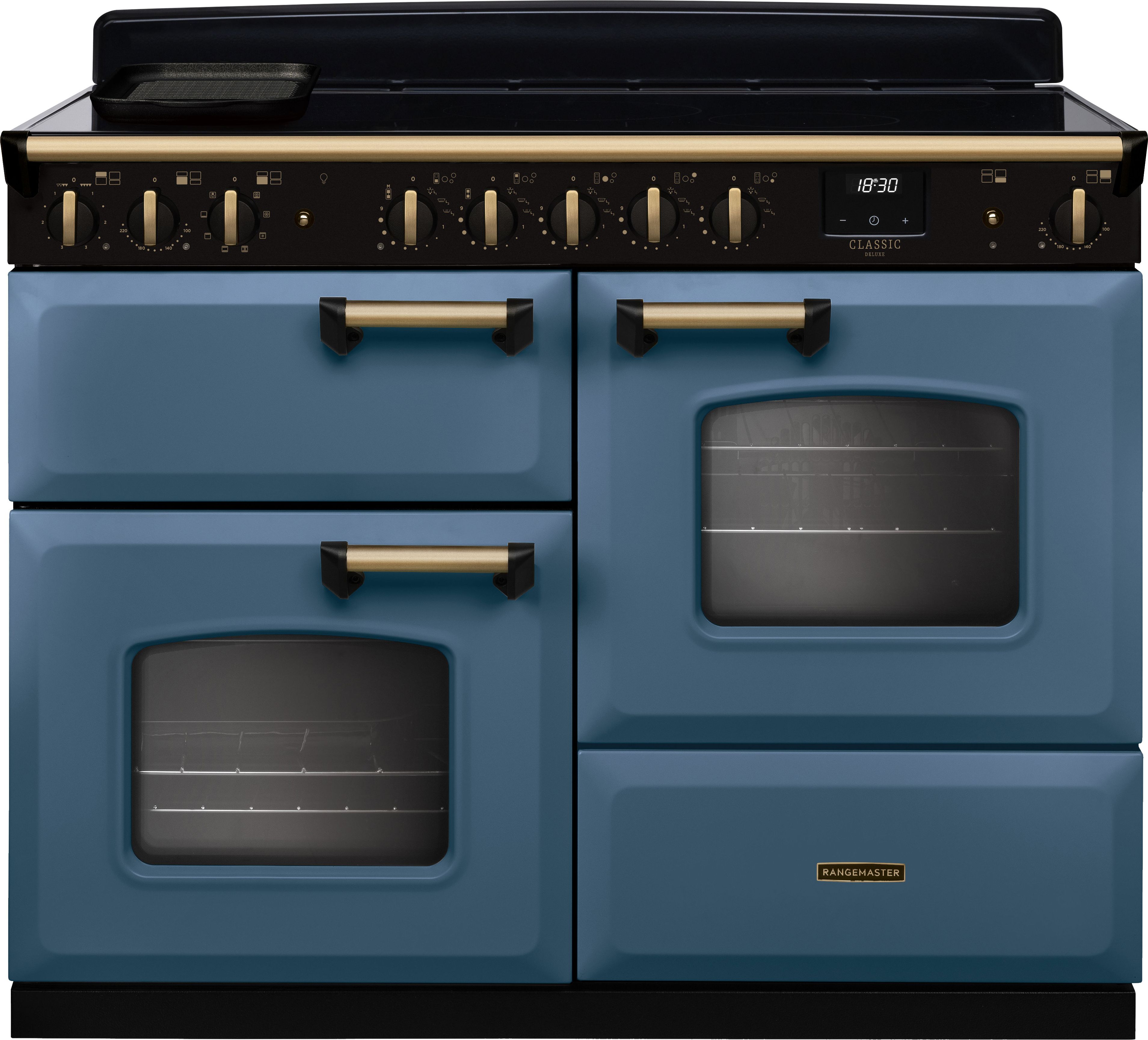 Image of Rangemaster Classic Deluxe OC CLDLO110EIPSTB/AB1 110cm wide Electric Range Cooker with Induction Hob - Stone Blue / Antique Brass - A/A Rated, Blue