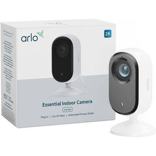 Arlo Essential 3 2K Indoor Smart Home Security Camera - White - front with box shot