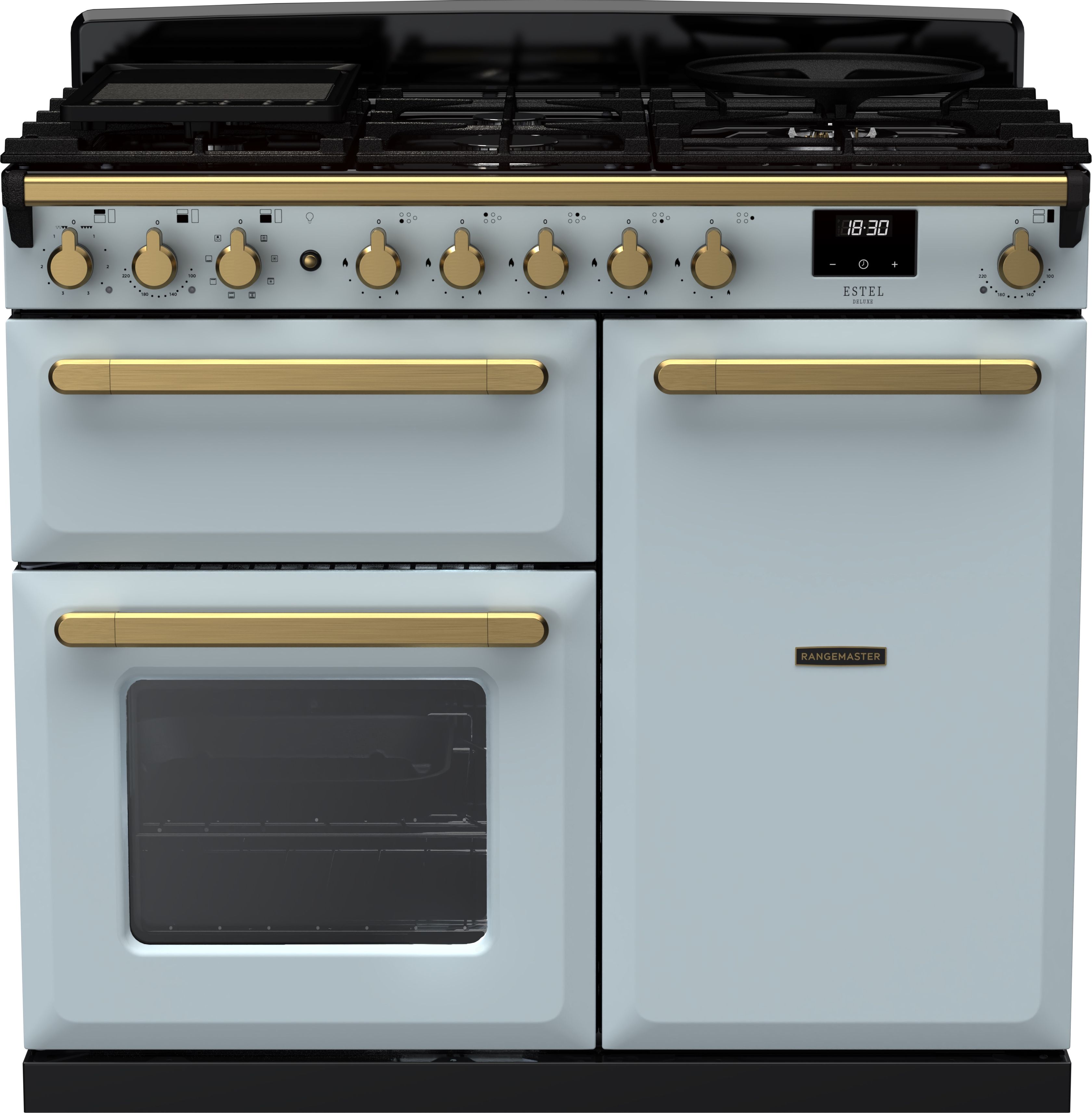 Image of Rangemaster Estel Deluxe ESDL100DFPMSB/AB1 100cm wide Dual Fuel Range Cooker with Gas Hob - Misty Blue / Antique Brass - A/A Rated, Blue