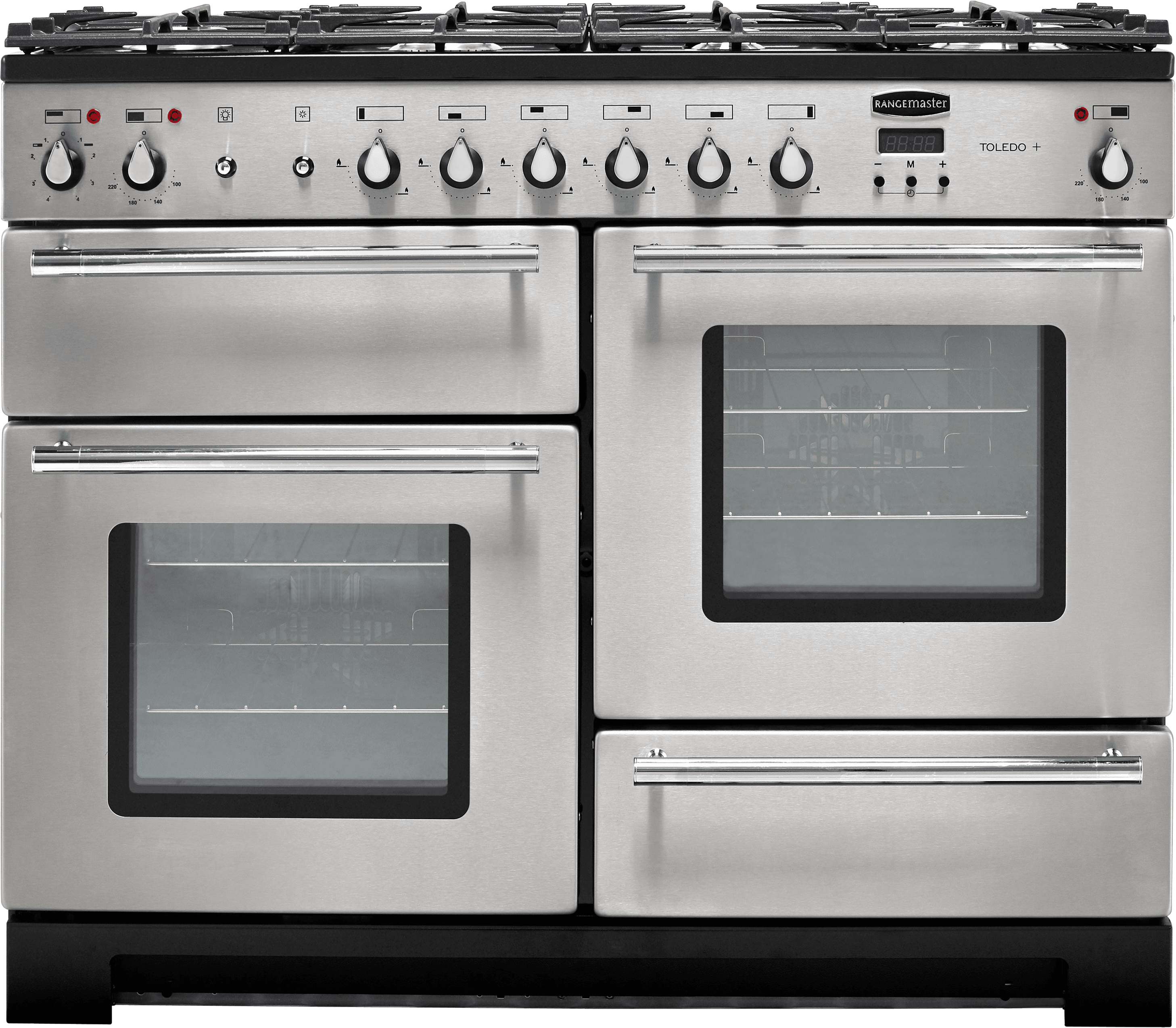Rangemaster Toledo + TOLP110DFFSS/C 110cm Dual Fuel Range Cooker - Stainless Steel / Chrome - A/A Rated, Stainless Steel