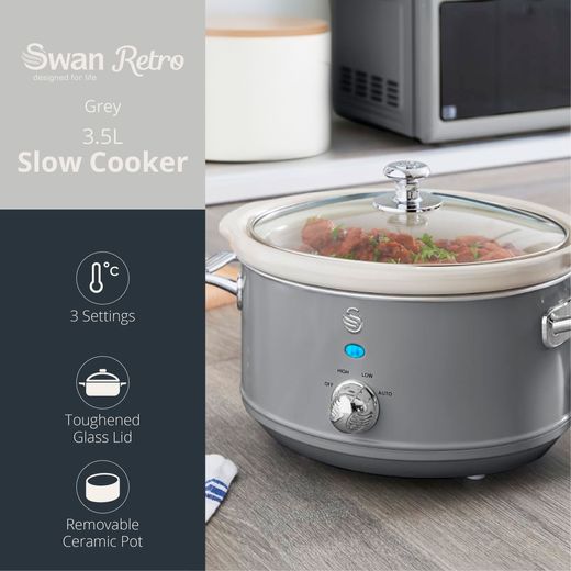 Swan Retro SF17021GRN 3.5 Litre Slow Cooker - Grey - Annotation - feature shot