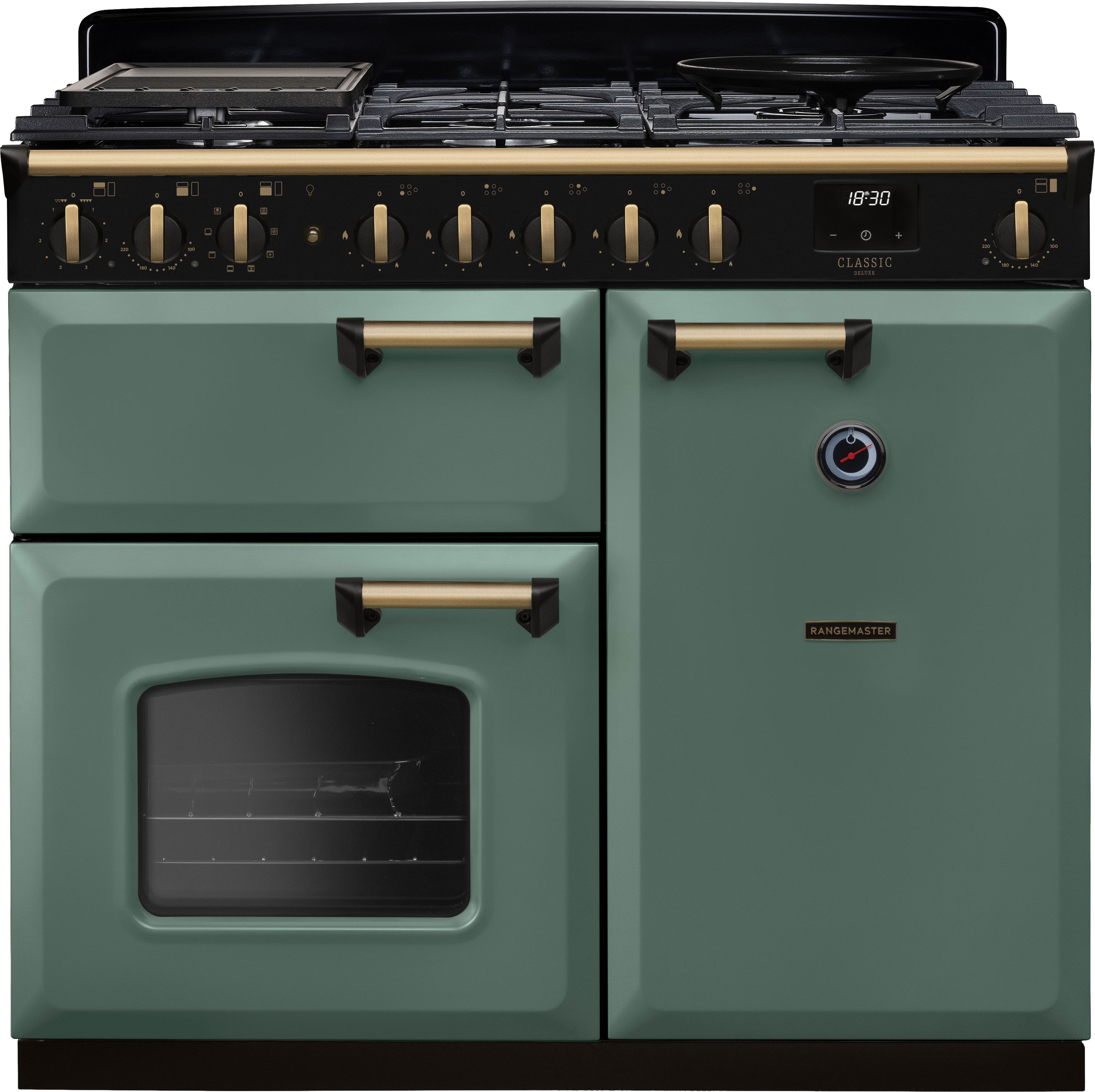 Image of Rangemaster Classic Deluxe 100 Dual Fuel CLDL100DFPMGR/AB1 100cm wide Dual Fuel Range Cooker with Gas Hob - Mineral Green / Antique Brass - A Rated, Green