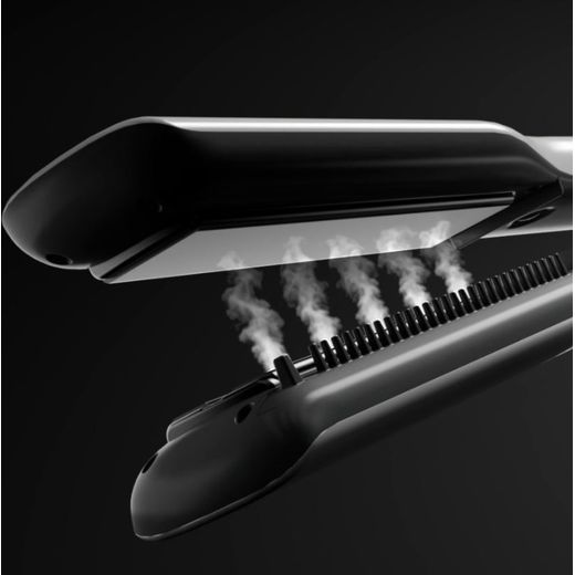 Bellissima Italia Steam Elixir Straightener BEL11865 Hair Straighteners - White / Gold - Close up steam shot
