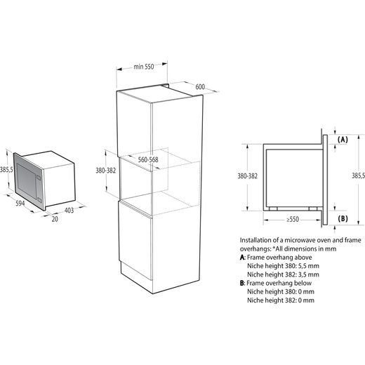 Hisense Hi6 BlackLine BIM325GI63DBGUK Built In Microwave With Grill - Black - Annotations - Dimensions shot 