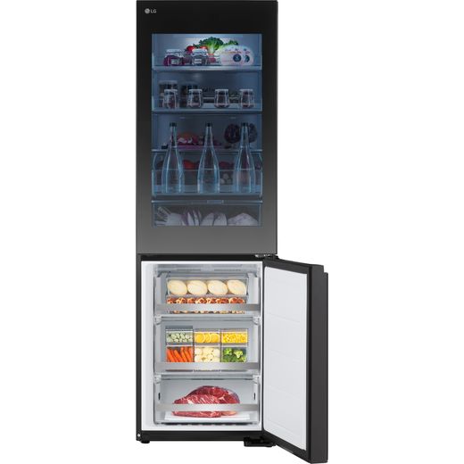 LG InstaView™ ThinQ™ 60/40 Total No Frost Fridge Freezer - Black Steel - Front with freezer door open shot