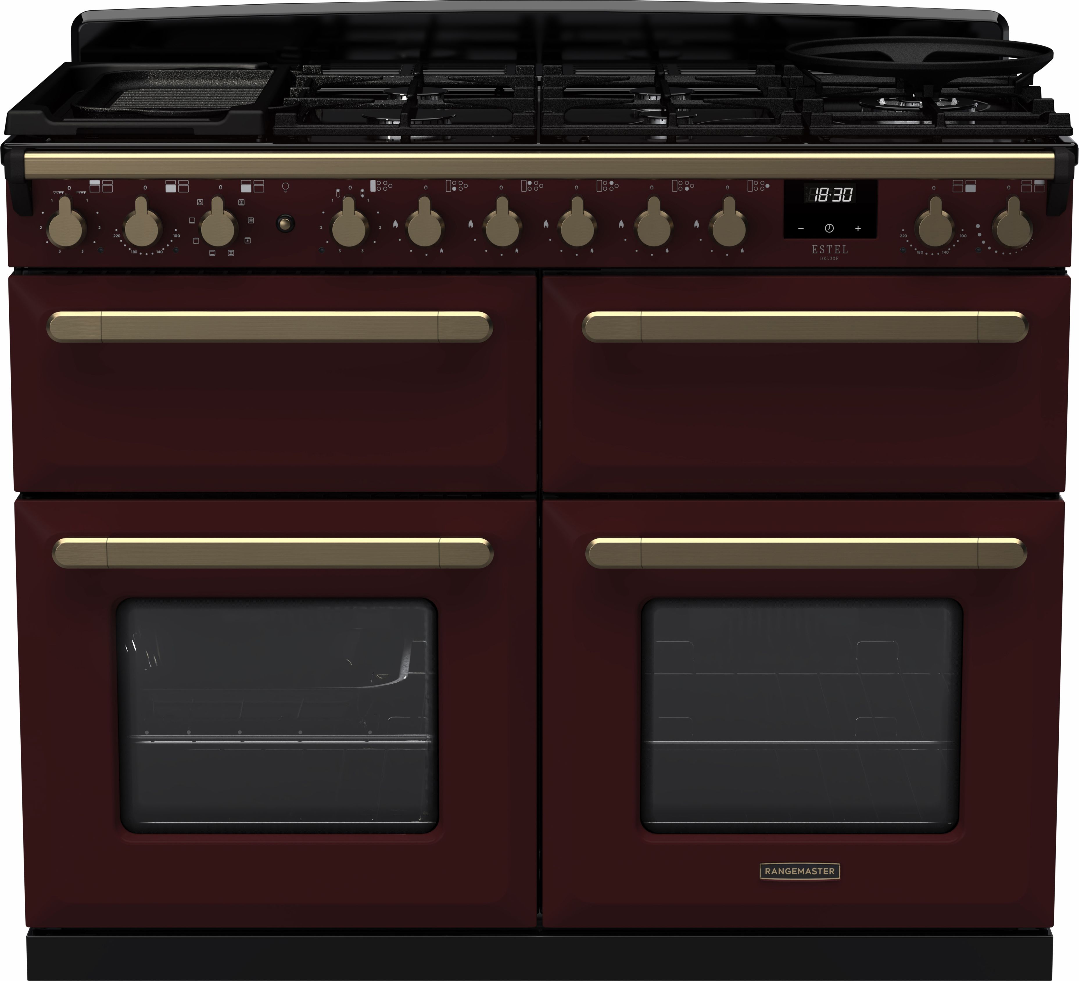 Image of Rangemaster Estel Deluxe ESDLB110DFPBOR/AB1 110cm wide Dual Fuel Range Cooker with Gas Hob - Bordeaux / Antique Brass - A/A Rated, Red