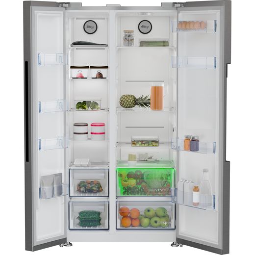 Beko HarvestFresh™ American Fridge Freezer - Stainless Steel Effect - Doors open and green Harvest Fresh light