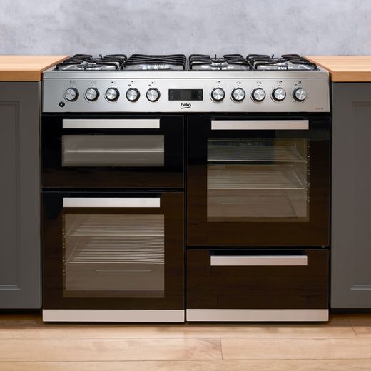 Beko 100cm Dual Fuel Range Cooker - Stainless Steel - Range cooker in kitchen shot