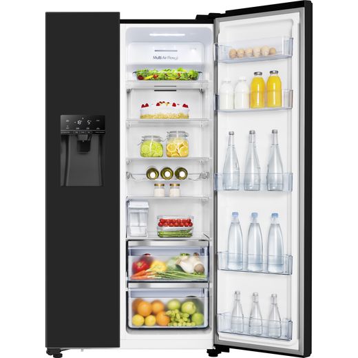Hisense American Fridge Freezer - Black - Front one door open shot