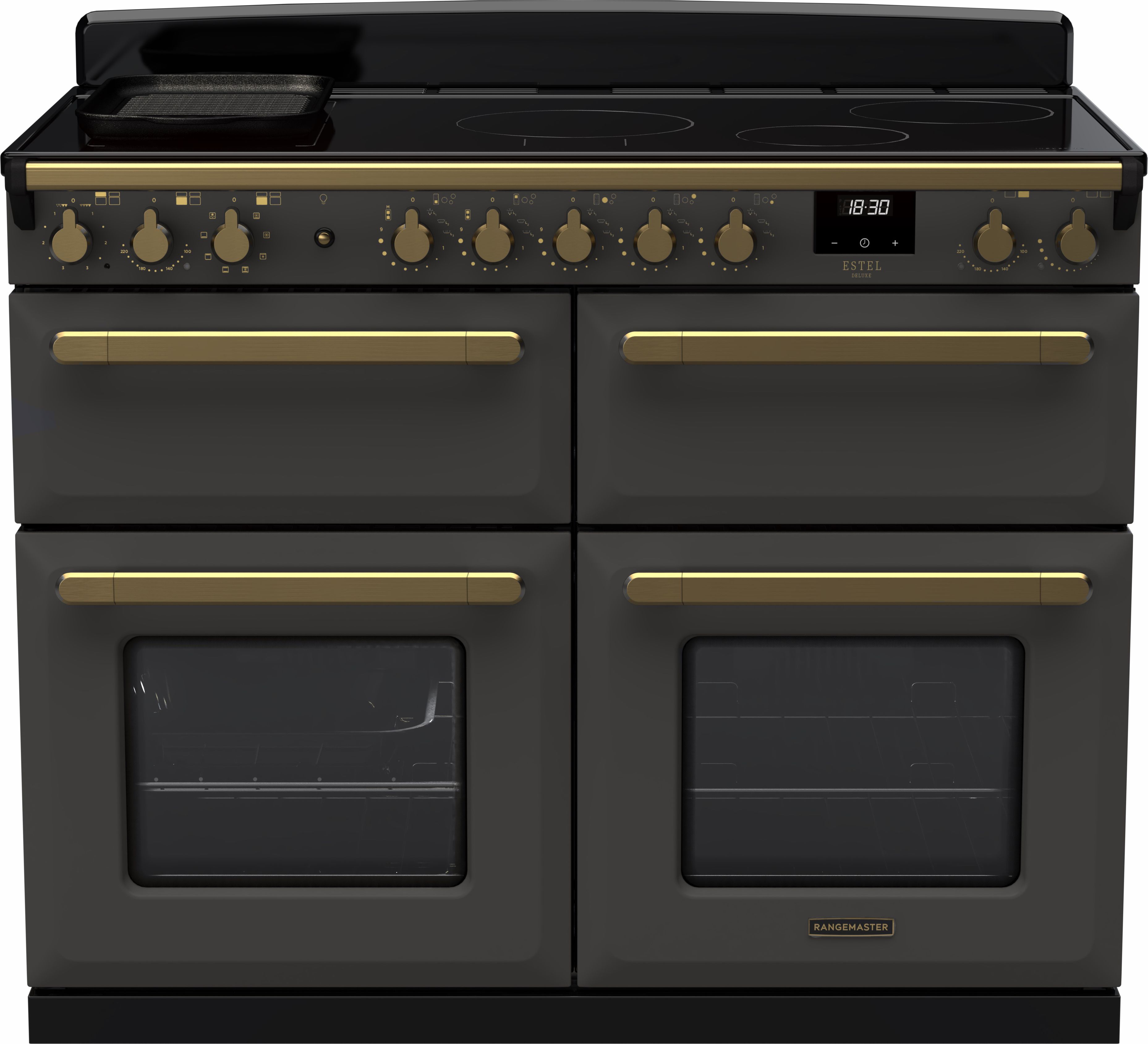 Image of Rangemaster Estel Deluxe ESDLB110EIPSLT/AB1 110cm wide Electric Range Cooker with Induction Hob - Slate / Antique Brass - A Rated, Grey