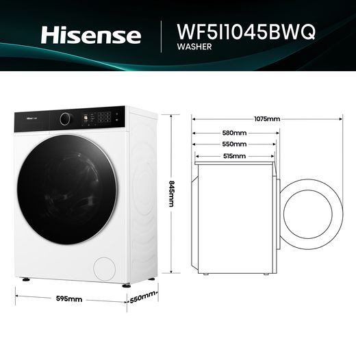 Hisense 5i KitchenFit Series WF5I1045BWQ 10.5kg Washing Machine with 1400 rpm - White - Dimensions