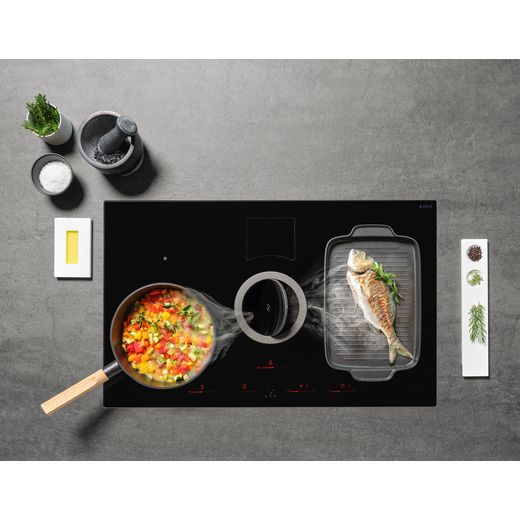 Elica NT-SWITCH BG RC 83cm Venting Induction Hob - Black - For Recirculating Ventilation - Aerial view of hob with food being cooked, the fumes being sucked into the hob vent