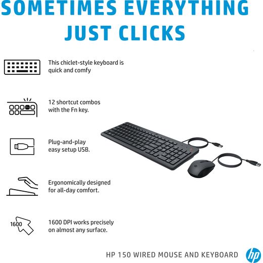 HP 150 Wired Keyboard with Mouse - Black - Annotation - Features