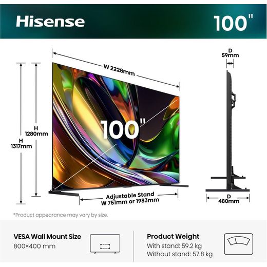 Hisense 100" 4K Ultra HD RGB-Mini LED Smart TV [2026] - Dimensions