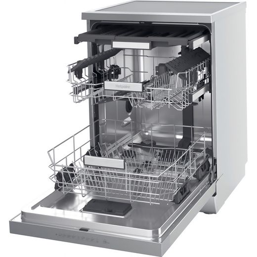 Hotpoint Standard Dishwasher - Stainless Steel - Door open with racks out