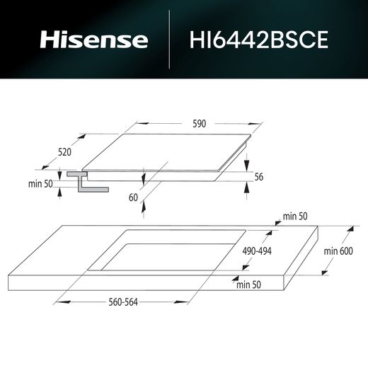 Hisense HIA64UK 59cm Induction Hob - Black - Annotation - Dimension shot 