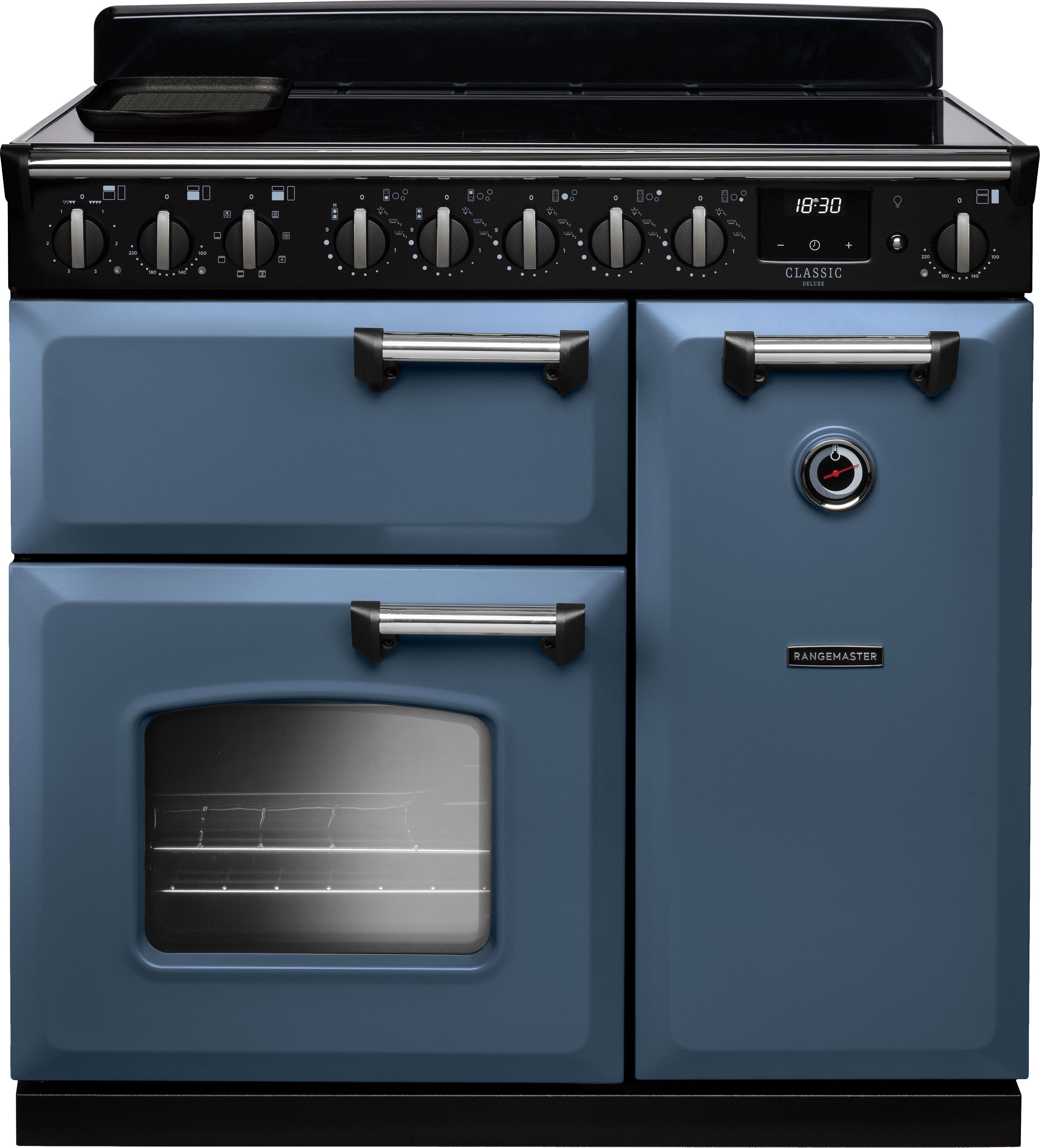 Image of Rangemaster Classic Deluxe CLDL90EIPSTB/CM1 90cm wide Electric Range Cooker with Induction Hob - Stone Blue / Chrome - A/A Rated, Blue