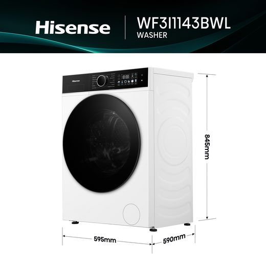 Hisense 3i KitchenFit Series WF3I1143BWL 11kg WiFi Connected Washing Machine with 1400 rpm - White - Dimensions
