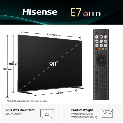 Hisense E7Q 98" 4K Ultra HD QLED Smart Android TV [2025] - 98E7QTUK - Dimensions